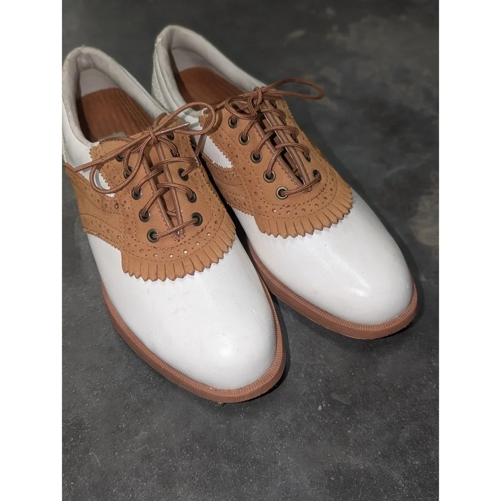 Vintage 90s Golf Shoes White Tan Leather Fringe Kiltie Etonic 7N 1997